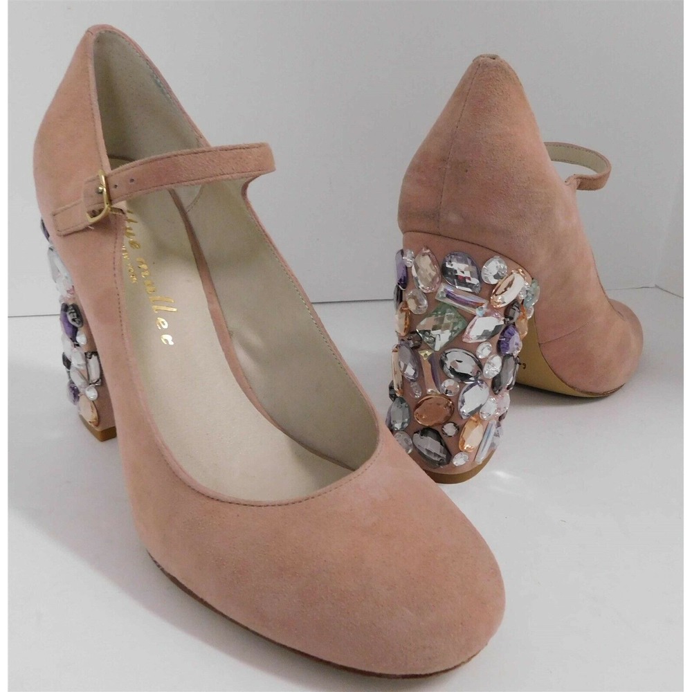 Betty Muller Blush Suede Leather Mary Jane Jeweled Chunky Heel Pumps 8.5 M